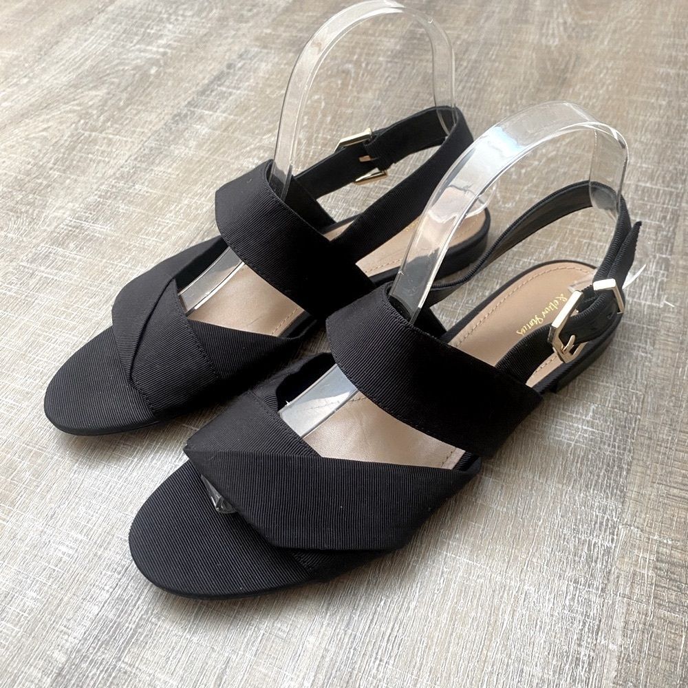 & Other Stories Black Twill Slingback Buckled Sandals Women’s 8 Wide Strap Flats - Picture 2 of 14